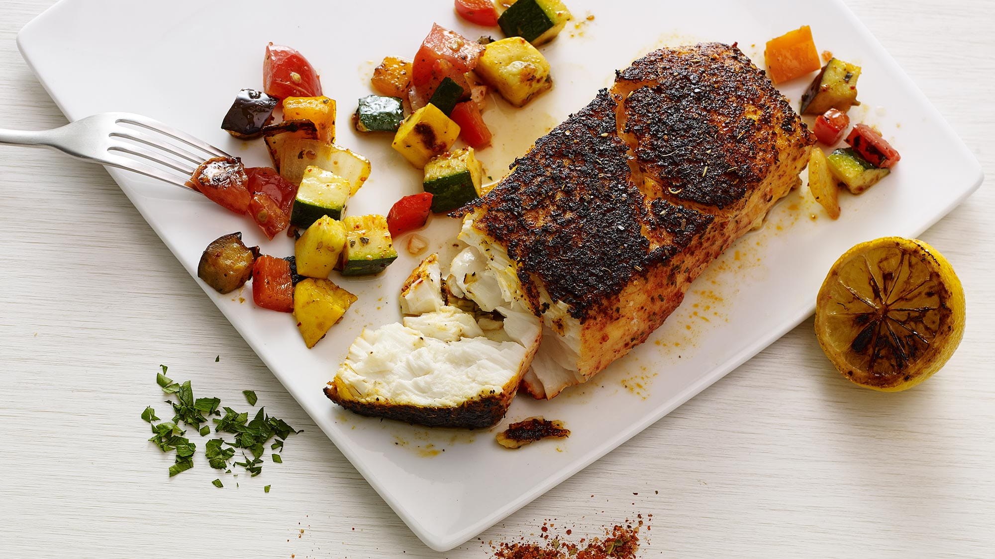 Poisson en croûte et ratatouille à la plancha